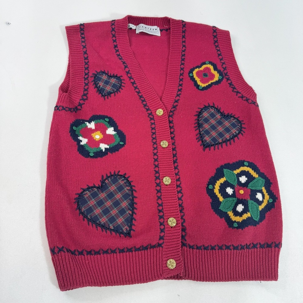 Vintage Jantzen Sweater Vest Womens Medium Pink Heart Plaid‎ Floral Button Front
